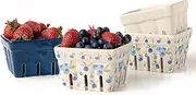 Farmhouse Ceramic Berry Basket, Colander, Farmers Market square Bowl. Rustic Kitchen decor fruit bowls, Fruit Baskets, Bleu White and Blueberry pattern Stoneware Harvest Bowls Set of 4