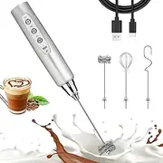 Nahida Silver Milk Frother Wand for Coffee, Frother Handheld Rechargeable Electric Whisk with 3 Heads 3 Speeds Drink Mixer Coffee Frother Foam Maker For Latte, Cappuccino, Hot Chocolate, Egg