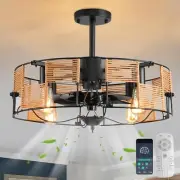 19.6in Caged Ceiling Fan with Light,Boho Rattan Flush Mount Ceiling Fan,Fandelie