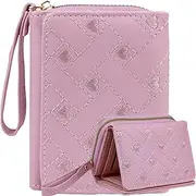 [Farcauo] Cute Pink Small Wallet for Women and Ladies Minimalist Kawaii Coin Purse with Loving Design Leather Credit Card Holder and ID Window Travel Cash Wallet for Ladies
