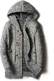 [Omoone] Men's Casual Loose Horn Button Up Mid Long Hooded Cardigan Sweater