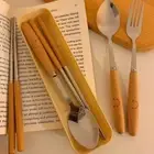Wooden Handle Spoon Fork Chopstick Set 410 Stainless Steel Cutlery Set Student