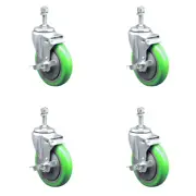 5 Inch SS Green Poly Wheel Swivel 3/8 Inch Threaded Stem Caster Set Brake
