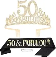 Hapdoo 50th Birthday Decorations, 50th Birthday Gifts Sash and Crown for Her Set, Happy 50 & Fabulous Party Supplies for Women, Black Gold