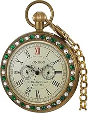 [Alwesam] Tourbillon Day&Moon Phase Display Pocket Watch,Mens London Vintage Copper Hand-Wind Mechanical Second&24hours Sub-dials Pocket Watch with Chain&Box, bronze-87, every day