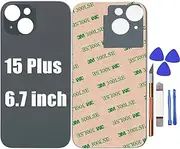Black 15 Plus Rear Back Glass Cover Replacement for iPhone 15 Plus 6.7'' Battery Door Panel with Big Hole Rear Back Cover Glass Replacement with Reparing Tool Kit