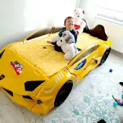 Luxury Yellow Double Car Bed for Kids – LED Lights, Racer Style and Strong Build