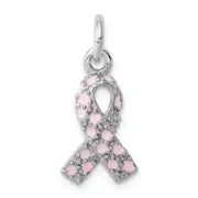 Sterling Silver Rhodium-Plated Enameled Pink Ribbon Charm