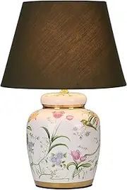 Lexi Lighting Circe Ceramic Table Lamp, Multi Floral Base, Green TC Tapered Shade, E27, H43.5cm, On/Off in-line Switch, Classic Vintage Chinese Style Bedside Desk Light for Bedroom Home Decor