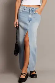 Denim Maxi Skirt High Rise Front Split - Size 8, Women's Maxi Skirt