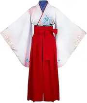 [Generic] Japanese Kimono Costume Hakama Floral Printed Traditional Samurai Yukata Belt Headwear Set Halloween Cosplay Outfit