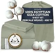 100% Egyptian Cotton Percale Sheets Split King Size - Genuine Luxurious 400 Thread Count - Naturally Crisp, Breathable, Skin-Friendly & Cooling - Softer After Each Wash -Oeko-TEX Certified Giza