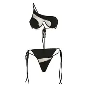 Set: One Shoulder Mesh Panel Bikini Top + Self-Tie Bottom Black - S