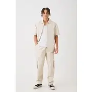 Mens Beige Short Sleeve Drop Shoulder Pu Overshirt & Cargo Trouser Set