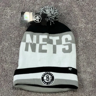 NBA Brooklyn Nets ('47 Brand) NBA Bering Cuff Knit Beanie Hat with Pom Black