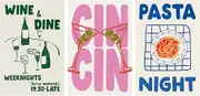 Set of 3 Prints Trendy Cin Cin Cheers Posters Vintage Wine Dine Club Wall Art Mid Century Modern Pasta Night Food Canvas Print Retro Cocktail Painting Aesthetic for Kitchen Decor 12x16inch Unframed