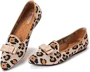 [Frank Mully] Loafer Flats for Women, Casual Knitted Fabric Shoes, Washable Lace-Up Shoes with Pointed Toe, Comfortable Ballet Style Shoes for, Leopard Yellow, 6 AU