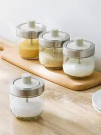 在飛比找樂天市場購物網優惠-廚房勺蓋一體玻璃調味罐套裝家用鹽味精調料盒調味料調味罐組合