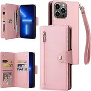 YocoverTech for iPhone 13 Pro Case,for iPhone 13 Pro Wallet Case[6 Card Slots and 1 Zipper Coin Pocket] PU Leather Stand Flip Cover with Wrist Strap[6.1 inch]-Pink