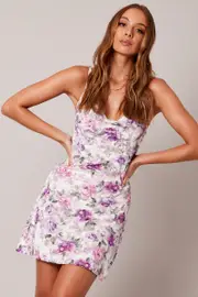 Purple Floral Slip Dress Cowl Neck Devore Velvet Burnout Dress - Size 8, Women's Skater Dress