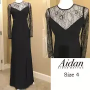 Aidan Mattox Black Illusion Lace Bodice Crepe Twill Gown NWT Size4