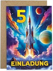 12 Invitation Cards Including 12 Envelopes for 5th Children's Birthday Boys Girls Rocket Cool Colourful Invitations Fifth Birthday Children Boys Birthday Space Birthday Invitations