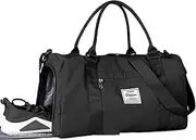 Gym Bag, with Shoes Compartment and Wet Pocket Travel, Waterproof, Duffel Bag, Gym Tote Bag, for Swimming, Yoga, Weekend Overnight Bag, Carry on Bag, Hospital Holdalls, for Womens Mens (Black)