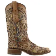 Corral Boots Tooled Inlay Studded Sequins Square Toe Cowboy Womens Brown Casual