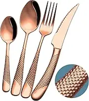 Xideman 16-Piece ​Modern Copper Hammered Silverware Set with Ultra Sharp 2-IN-1 Serrated Knive, Rose Gold 18/10 Stainless Steel Flatware Set, Utensil Cutlery Set for 4 Person, Knife Fork Spoon Set