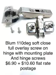 blum hinge. 110° soft close Screw On Full Overlay + Mounting Plate 71B3550