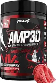Nexus AMP3D Non-Stim Pre Workout Powder Supplement, 13 Active Ingredients, L-citrulline/Beta Alanine/GlycerSize - 1500mg, Dairy & Gluten-Free, Zero Fat, Low Sugar, 40 Servings (540g), Red Sour Straps
