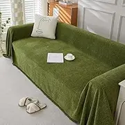 Plobeca Chenille Sofa Covers Boho Sofa Covers Blanket L Shape, Soft Washable Couch Covers for Sofa Furniture Protector Herringbone Pattern Sofa Cover with Tassel (Dark Green, 180x340cm)