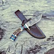 Custom Hand Forged Damascus Skinner Knife with Beautiful Handle &Include Leather