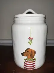 RAE DUNN 2017 Canister MISTLETOE Dog Bow Striped Sweater Jar Airtight Lid 8" NEW