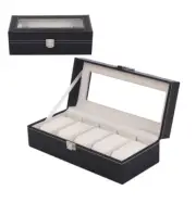 5 Slot Watch Box Leather Display Case Organizer Top Glass Jewelry Storage Black