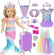 iBayda Mermaid 18 inch Doll Clothes and Doll Accessories Case Luggage Travel Play Set Include Suitcase, Dresses, Bag, Camera, Glasses, Pillow, Eyeshade Etc (No Doll)
