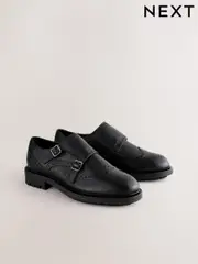 Black Forever Comfort® Leather Monk Shoes (E85088) | $92