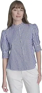 [Tommy Hilfiger] Women's Short Sleeve Ruffle Neck Button Front Shirt