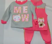 MEOW Kitty 3 pc. Size 12M Fleece Top, Vest and Jogger Pants Set by Mon Petit NEW