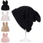 Winter Knitted Wool Hat With Cute Bunny Ears Women Warm Beanie Cap