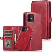 Cavor for iPhone 12 Mini Wallet Case,2 in 1 Magnetic Detachable Case Leather Flip Cover with Stand Feature & Card Slots & Wristlet Strap (5.4")-Red