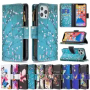 For iPhone 16 Pro Max 15 14 13 12 11 XR Pattern Leather Wallet Zipper Case Cover