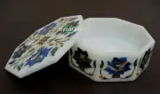 5 x 5" White Octagon Marble Trinket Box Semi Precious Stone Inlay Work Pin Box