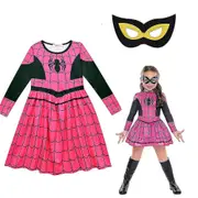 Kids Girls Spider Print Long Sleeve Halloween Crew Neck Dress Outfit With Mask Performance Costume 5-6 Years