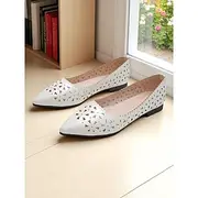Women's White Laser-Cut Pointed Toe Flats – Breathable Faux Leather Shoes for Work, City Walks and Spring Outings