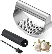 Stainless Steel Garlic Press Rocker - Handheld Garlic Crusher Mincer- Ginger Press Squeezer with Silicone Garlic Peeler Tube and Cleaning Brush - Food-Grade Safety, Easy to Clean