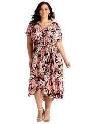 Autograph Dress Plus Size 22 Mock Wrap Midi Short Sleeve Side Tie Pink Floral