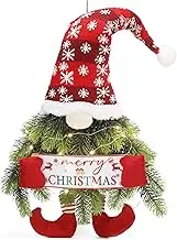 Christmas Wreath Gnome for Front Door, Lighted Christmas Hanging Sign Decor, Artificial Christmas Wreath with Pine Needle for Wall Window