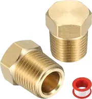 uxcell 2Pcs Brass Hex Head Plug Compression Cap Fitting Stop Valve Cap, 1/8" NPT Hex Thread Pipe Fitting Flare Cap Tubing Ends Sealing Cap with PTFE Tape for Air Conditioner, Water, Gold