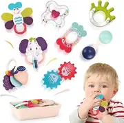 REMOKING Baby Teething Toys - 8Pcs Sensory Toys with Storage Box for Newborn Essentials,Infant Soft Rattles 3 6 9 Months, 1st Birthday Shower Gifts for Baby Girls Boys from 0-3-6-12 Months Old